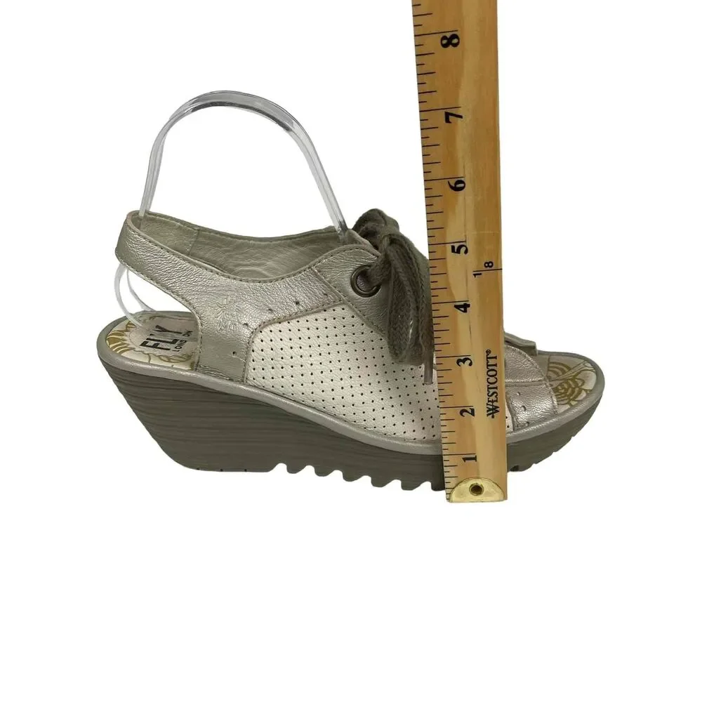 Fly London Womens White Silver Perforated Leather‎ Yuta Wedge Sandals Size 39